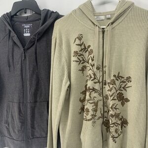 2  Zip Up Hoodie Sweatshirt Jackets Gray Champion, Tan Thermal Knit Print Large